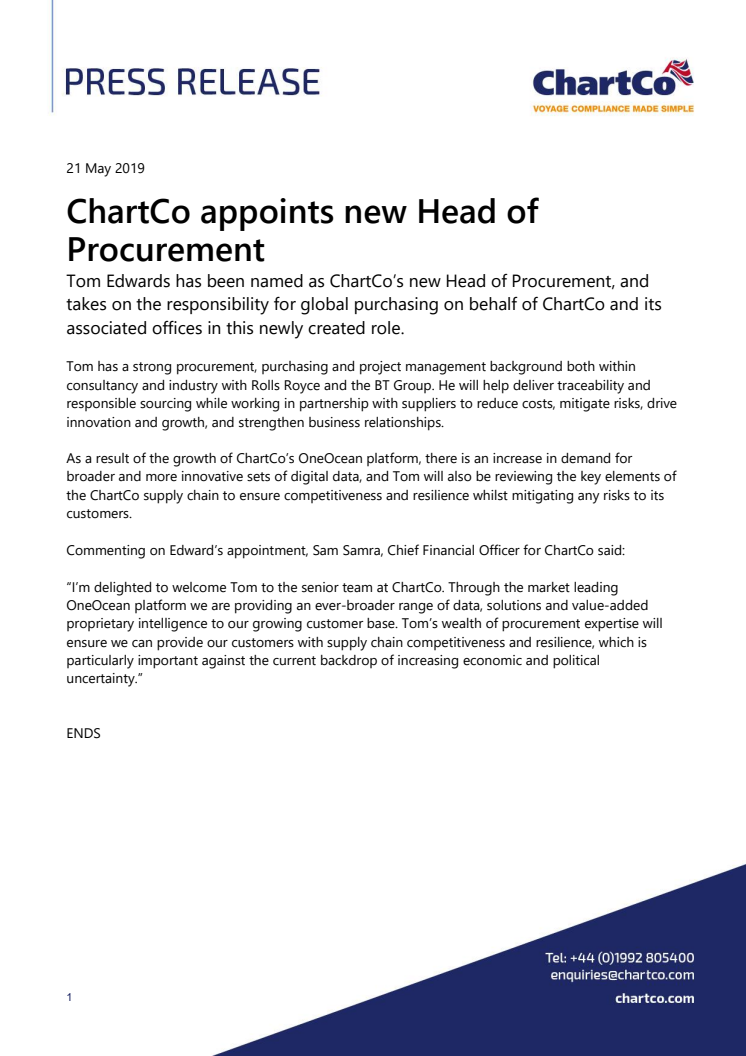 ChartCo Appoints New Head of Procurement