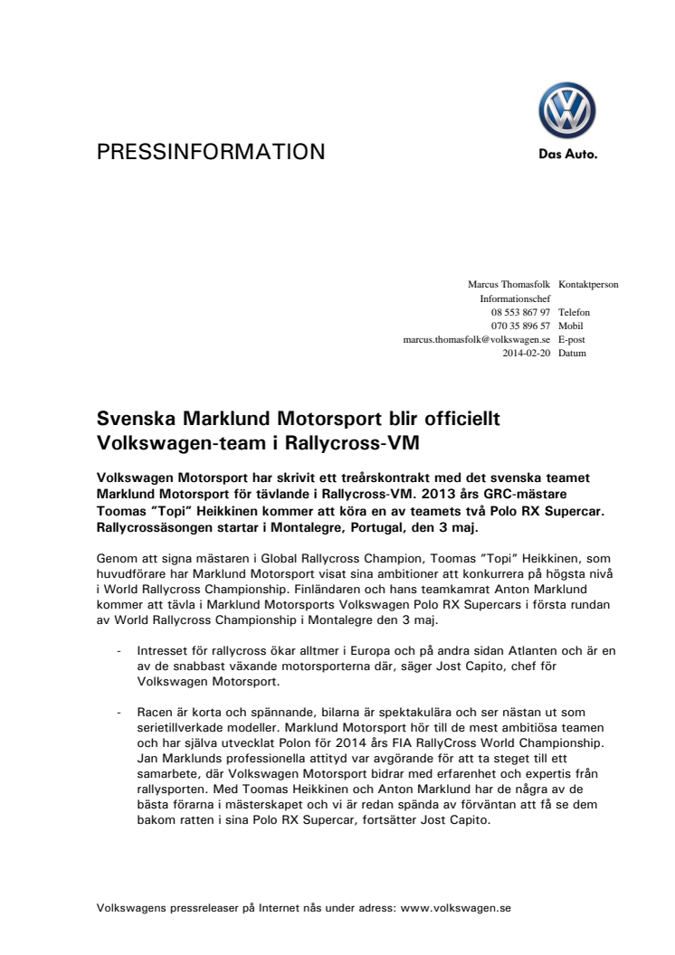 Svenska Marklund Motorsport blir officiellt Volkswagen-team i Rallycross-VM