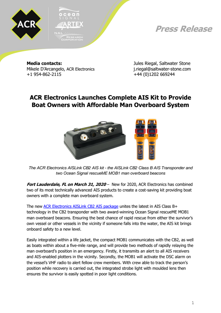 ACR Electronics Launches Complete AIS Kit to Provide Boat Owners with Affordable Man Overboard System