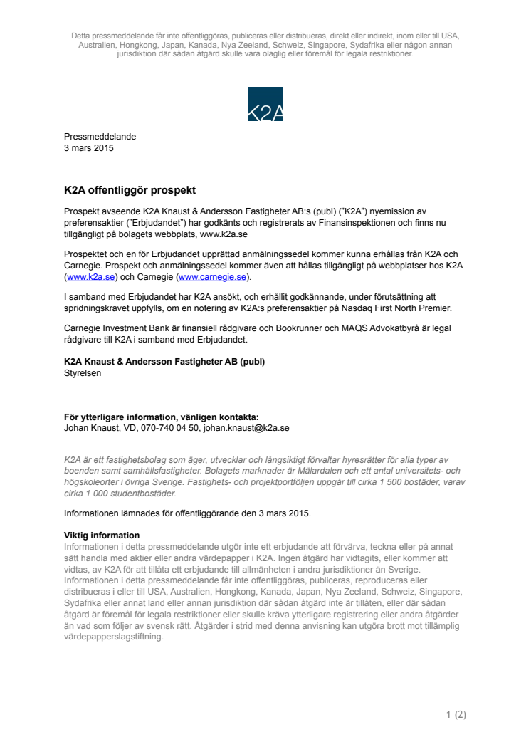 K2A offentliggör prospekt
