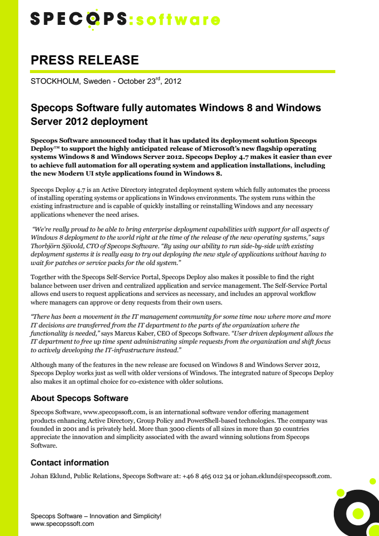 Specops Software fully automates Windows 8 and Windows Server 2012 deployment