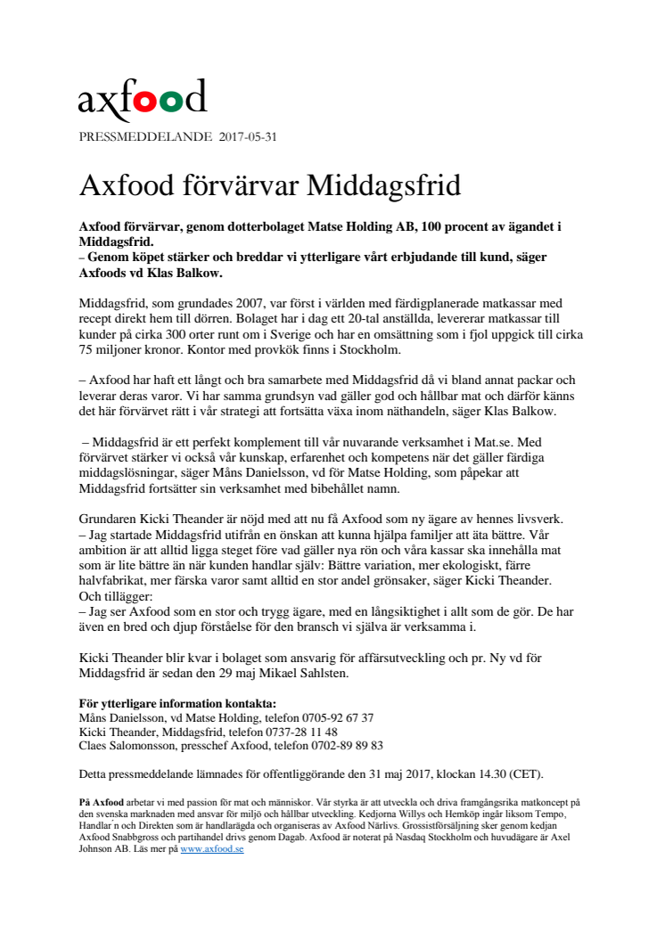 Axfood förvärvar Middagsfrid