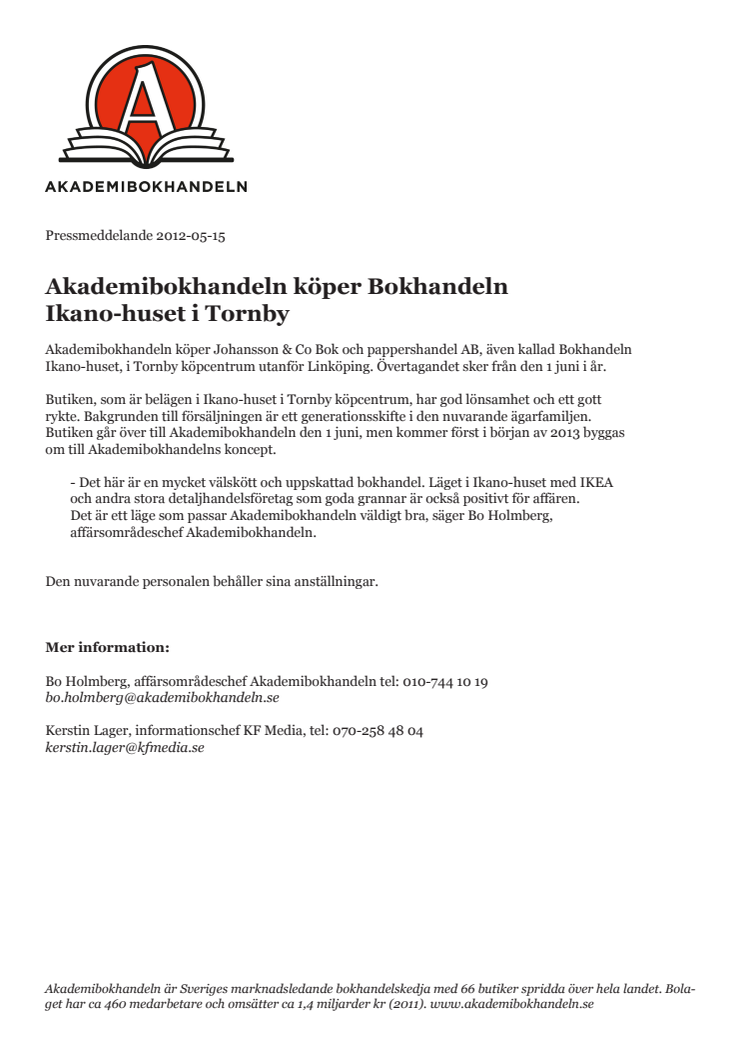 Akademibokhandeln köper Bokhandeln Ikano-huset i Tornby