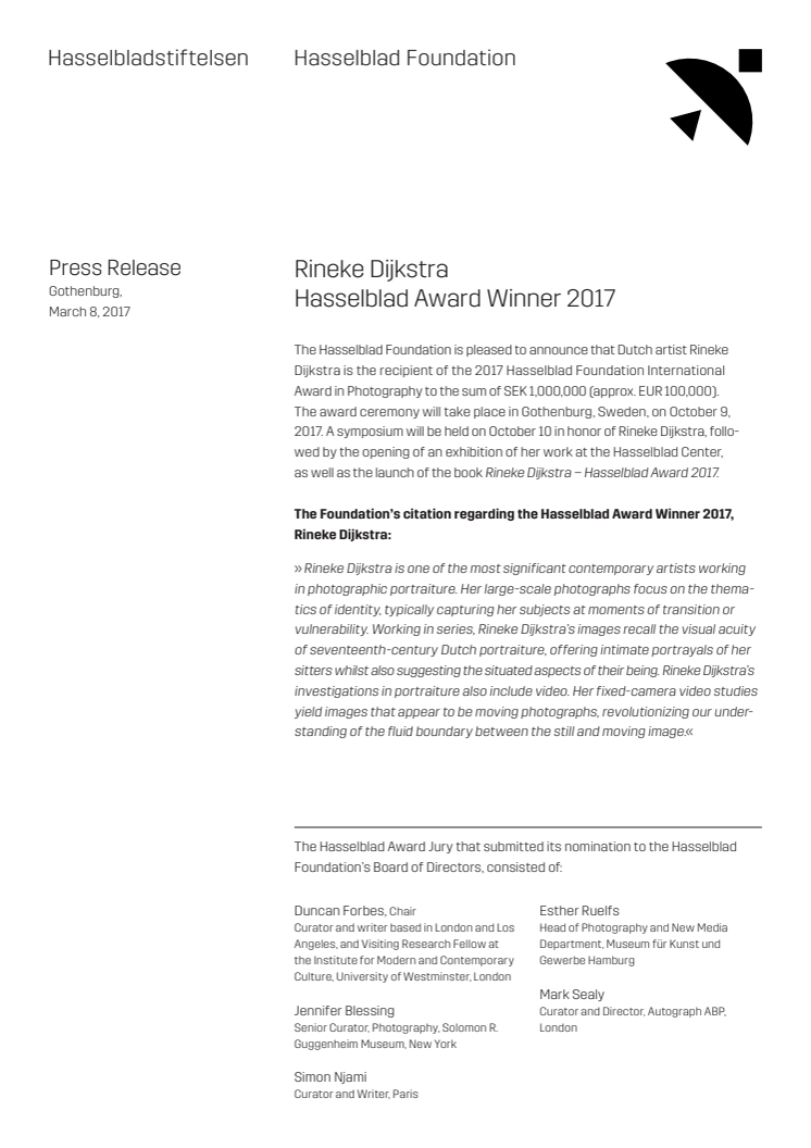 ​Rineke Dijkstra Hasselblad Award Winner 2017