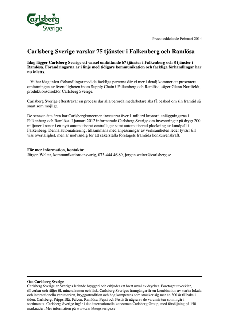 Carlsberg Sverige varslar 75 tjänster i Falkenberg och Ramlösa