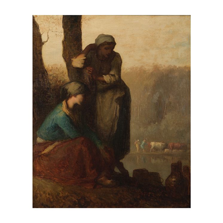 _Jean-François Millet (1814-1875) Jeunes filles à Barbizon ou Paysannes au repos Circa 1850, selon le PR. R. L. Herbert Huile sur toile Signée en bas au milieu 46,5 x 38 cm Estimates_200,000 - 300,000