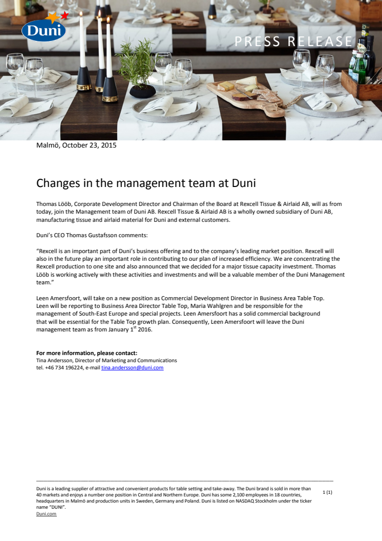 Changes in the management team at Duni