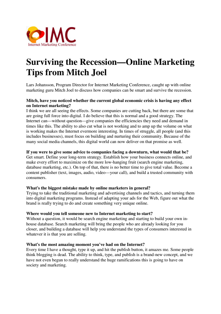 Internet Marketing Conference Presents: Surviving the Recession—Online Marketing Tips from Mitch Joel