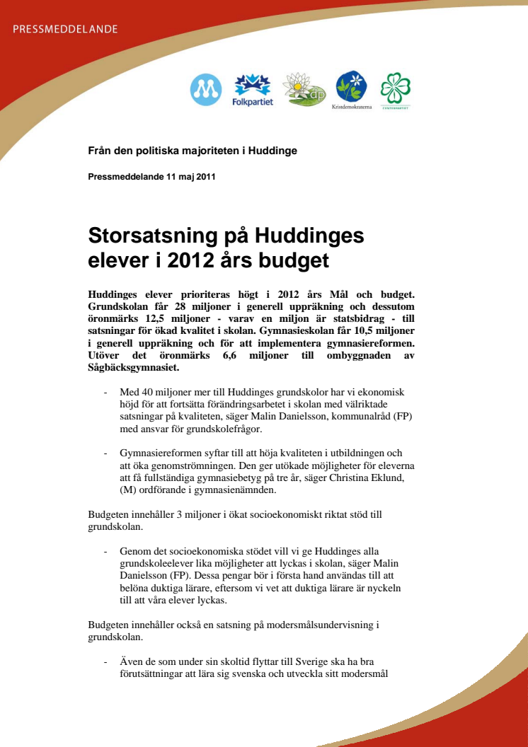 Storsatsning på Huddinges elever i 2012 års budget