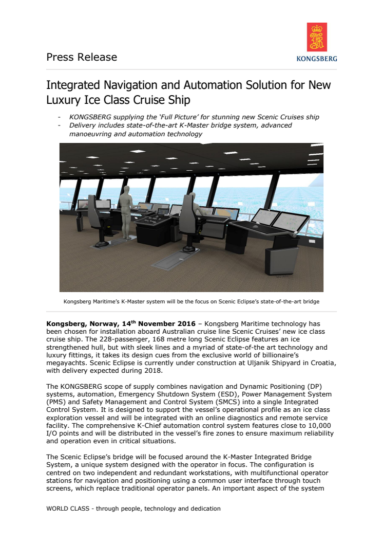 Kongsberg Maritime: Integrated Navigation and Automation Solution for New Luxury Ice Class Cruise Ship