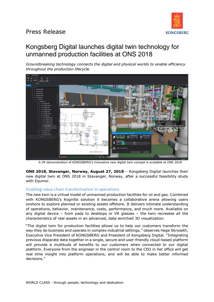 Kongsberg Digital launches digital twin technology for unmanned production facilities at ONS 2018