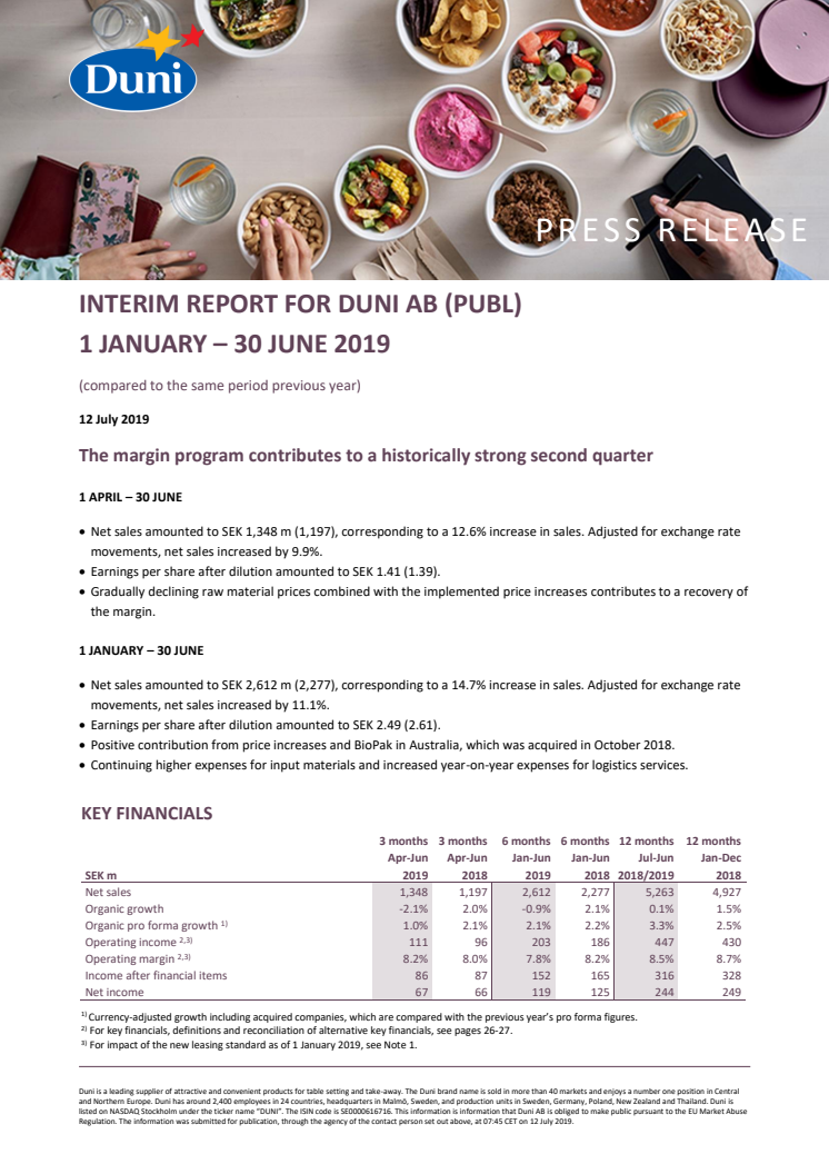 Interim report for Duni AB (publ) 1 January - 30 June 2019