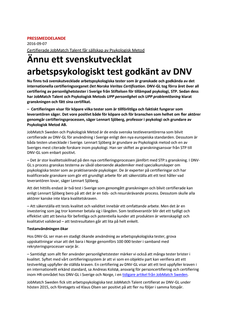 Ännu ett svenskt arbetspsykologiskt test godkänt av DNV-GL (Den Norske Veritas)