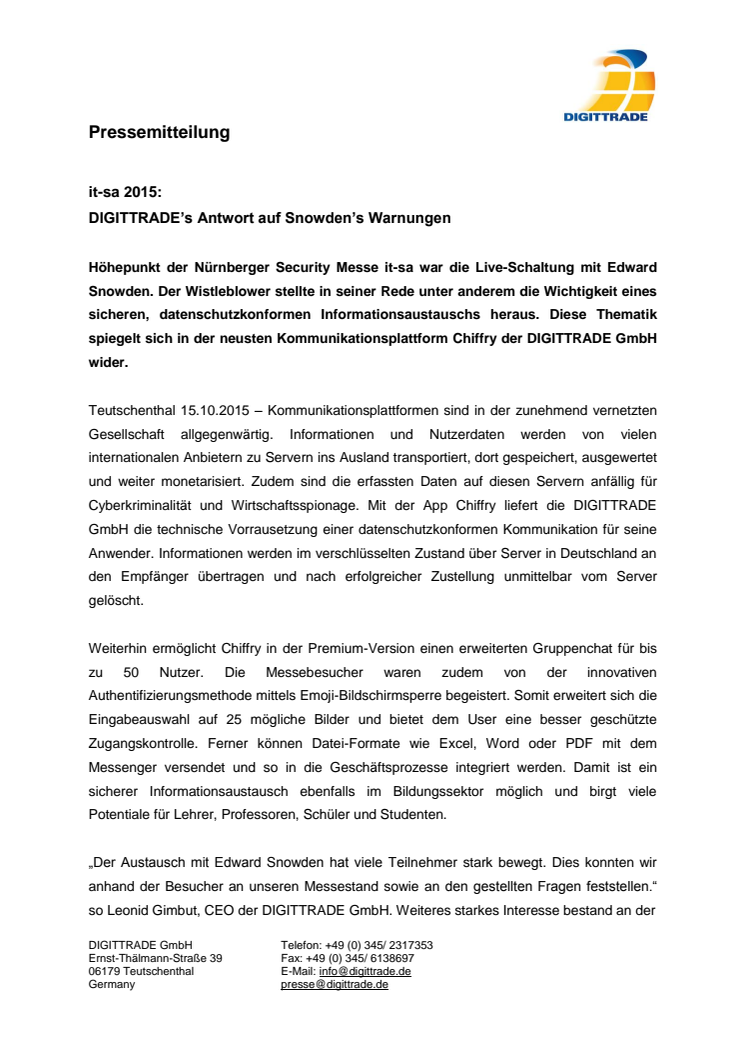 it-sa 2015: DIGITTRADE’s Antwort auf Snowden’s Warnungen
