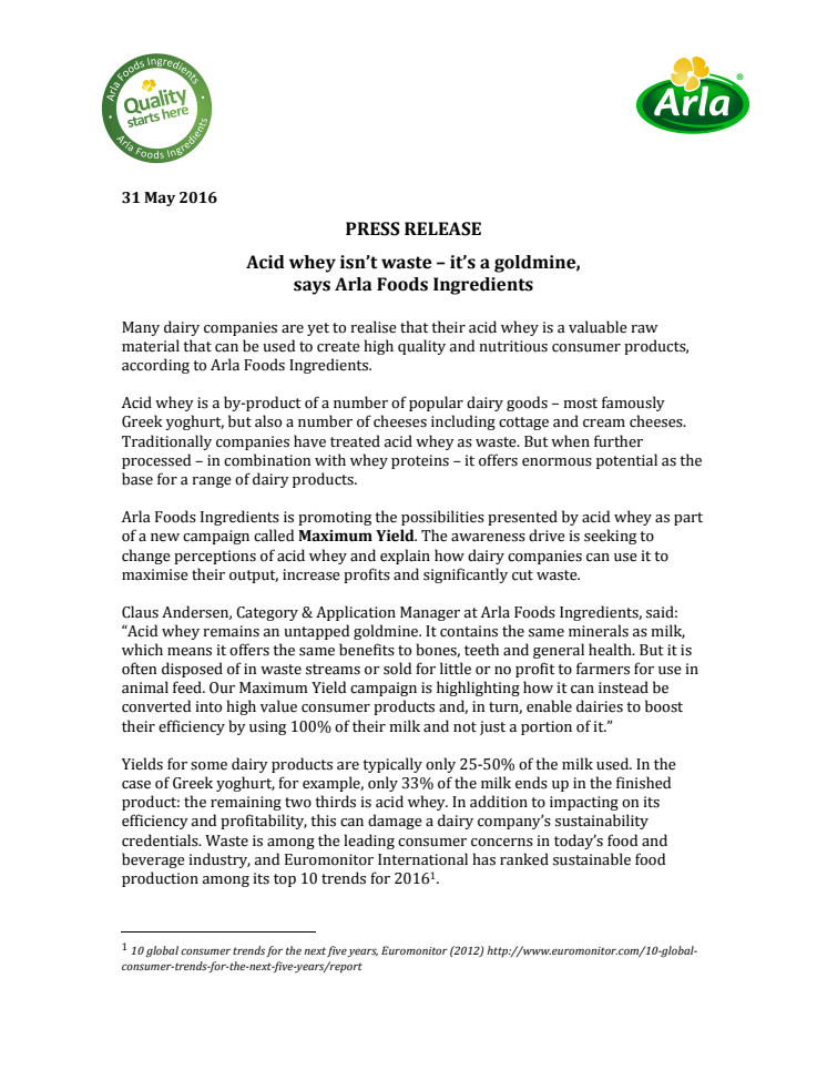 Acid whey isn’t waste – it’s a goldmine says Arla Foods Ingredients
