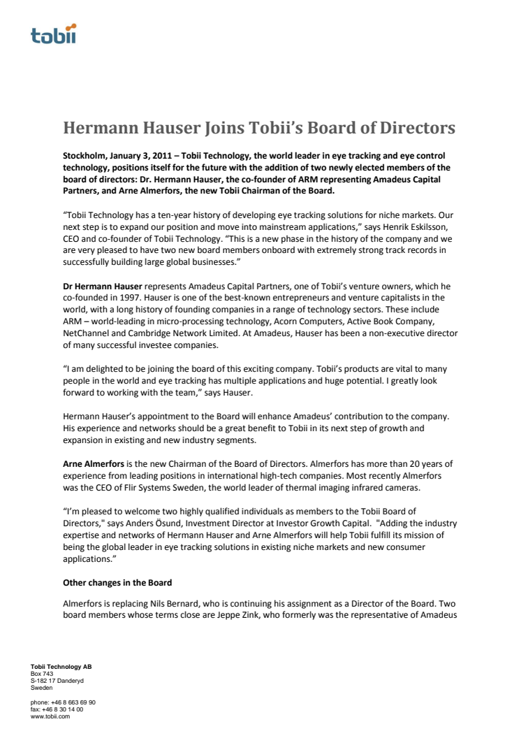 Hermann Hauser Joins Tobii's Board of Directors