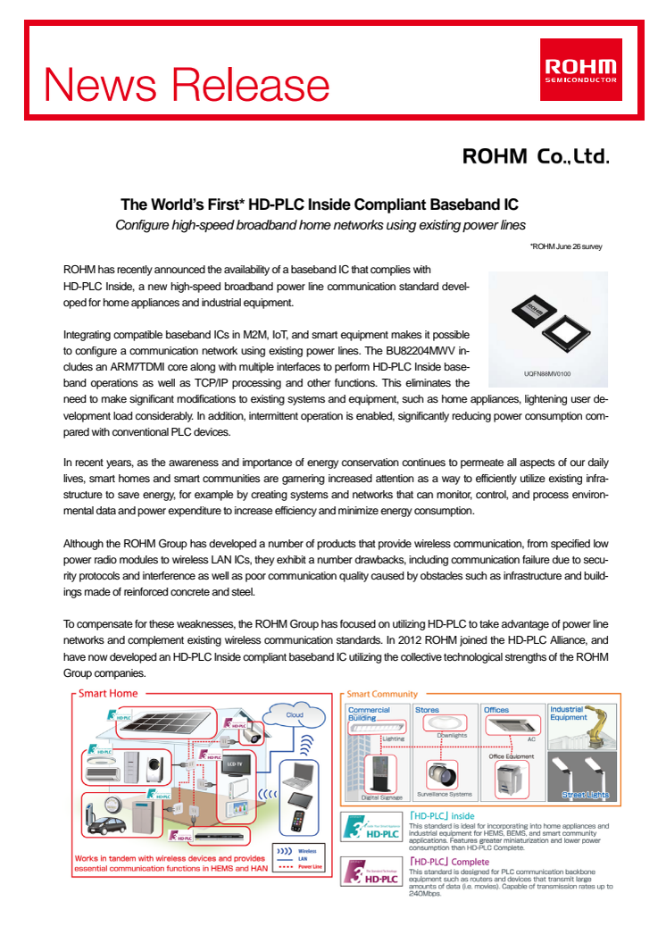 The World’s First* HD-PLC Inside Compliant Baseband IC -Configure high-speed broadband home networks using existing power lines-