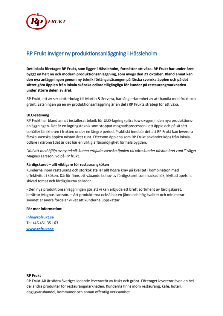 RP Frukt inviger ny produktionsanläggning i Hässleholm