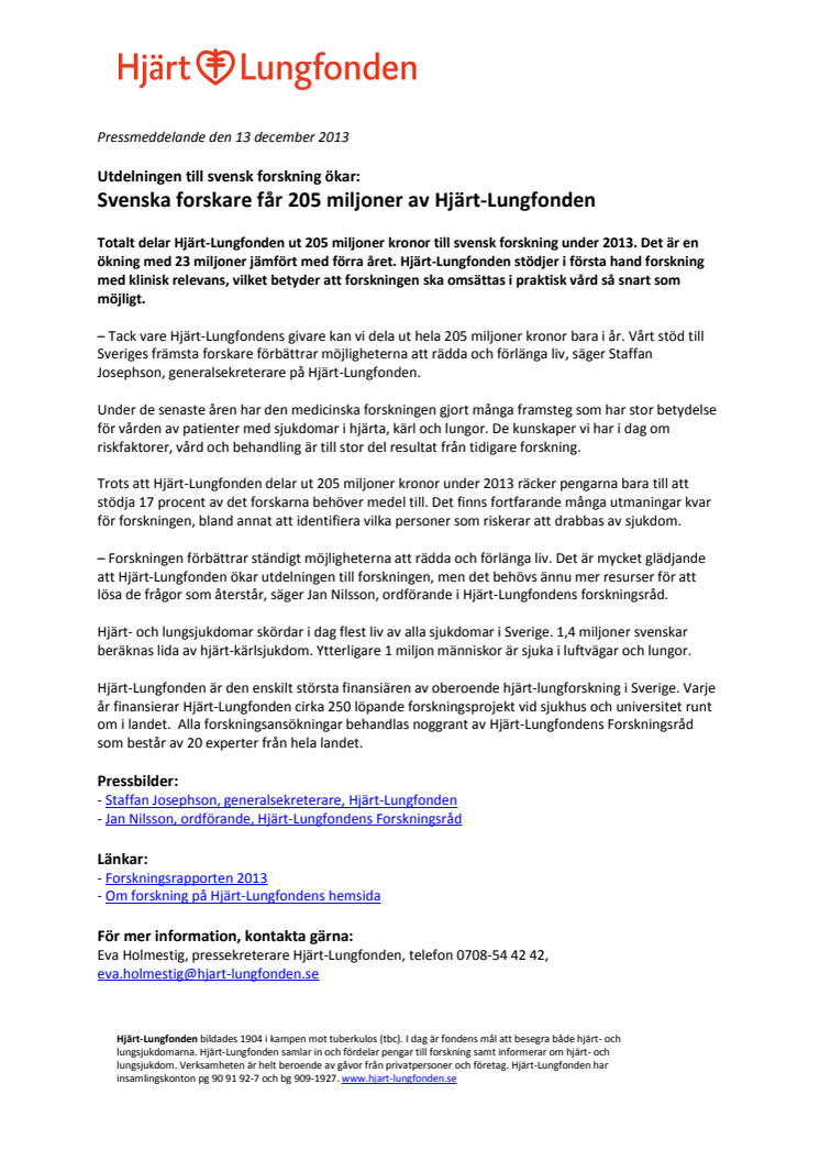 Utdelningen till svensk forskning ökar: Svenska forskare får 205 miljoner av Hjärt-Lungfonden 