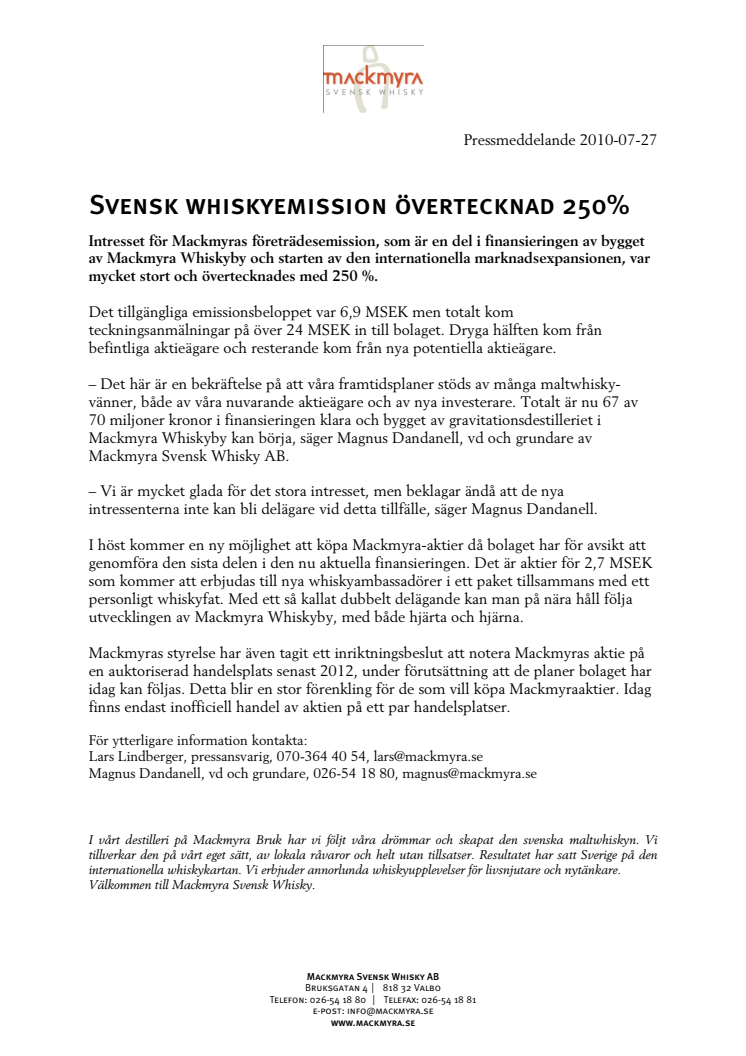 Svensk whiskyemission övertecknad 250%