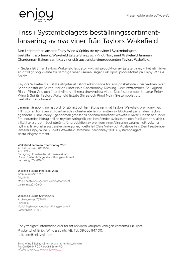 Triss i Systembolagets beställningssortiment- lansering av nya viner från Taylors Wakefield