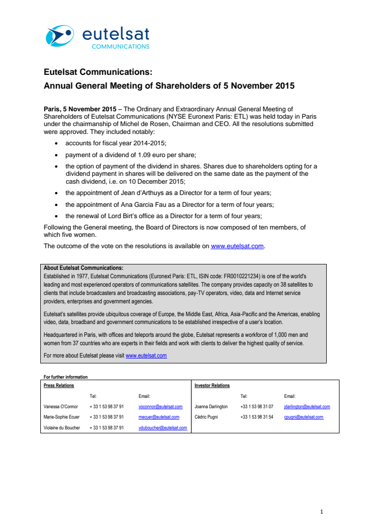 Eutelsat Communications: Annual General Meeting of Shareholders of 5 November 2015