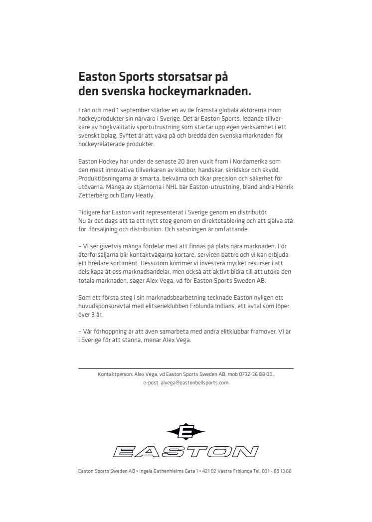 Easton Sports storsatsar på den svenska hockeymarknaden