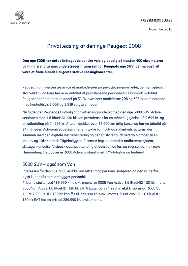 Privatleasing af den nye Peugeot 3008