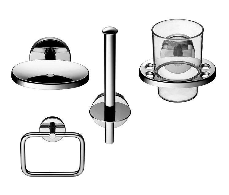 Exempel på badrumstillbehören ur serien G2; tvålkopp, handukshängare/ring, extra pappershållare och tandborstglas