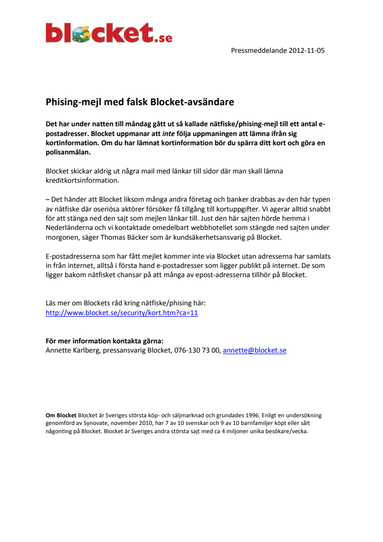 Phising-mejl med falsk Blocket-avsändare