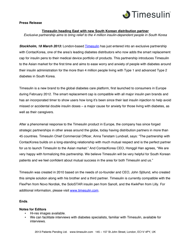 Timesulin heading East with new South Korean distribution partner