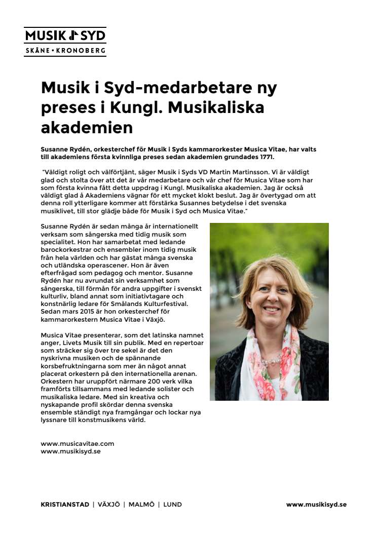 Musik i Syd-medarbetare ny preses i Kungl. Musikaliska akademien