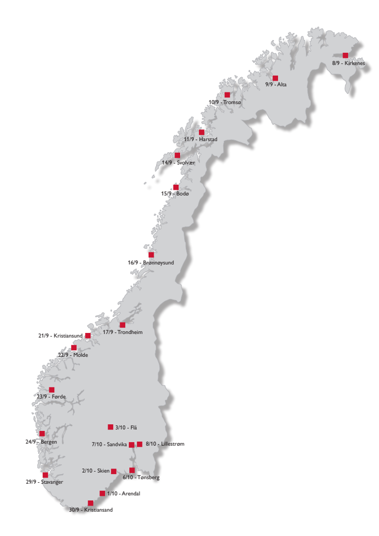 Destinasjonskart over jubileumsturneen med datoer