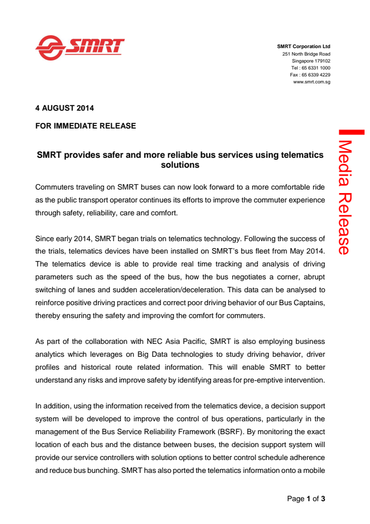 SMRT provides safer and more reliable bus services using telematics solutions