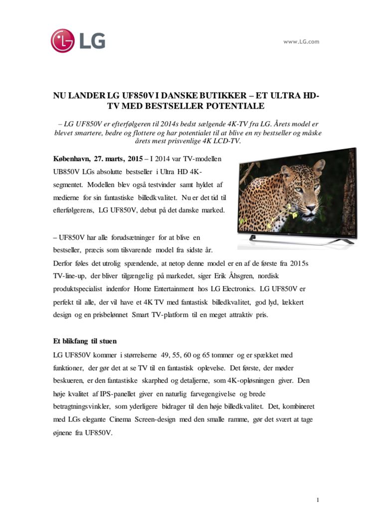 NU LANDER LG UF850V I DANSKE BUTIKKER – ET ULTRA HD-TV MED BESTSELLER POTENTIALE