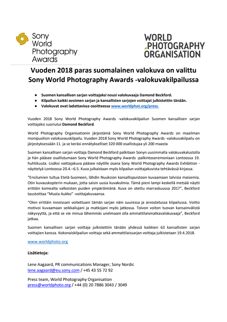 Vuoden 2018 paras suomalainen valokuva on valittu Sony World Photography Awards -valokuvakilpailussa