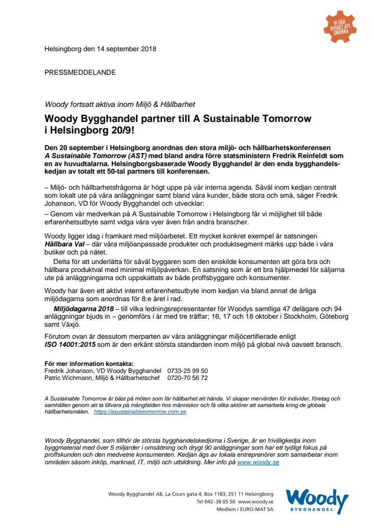 Woody Bygghandel fortsatt aktiva på miljöområdet – partner till A Sustainable Tomorrow 20/9!