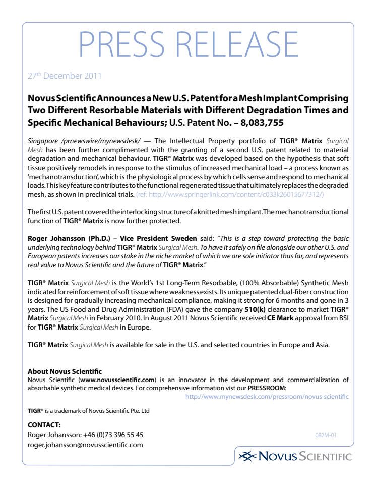 Novus Scientific Announces a New U.S. Patent for a Mesh Implant Comprising Two Different Resorbable Materials with Different Degradation Times and Specific Mechanical Behaviours; U.S. Patent No. – 8,083,755