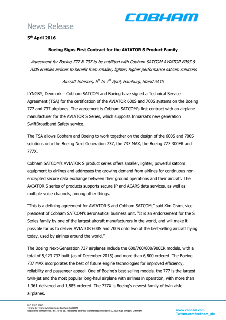 Cobham SATCOM: Boeing Signs First Contract for AVIATOR S Product Family