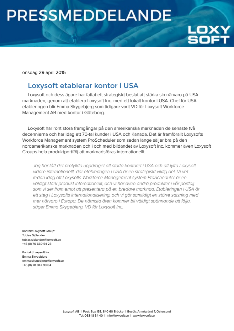 Loxysoft etablerar kontor i USA