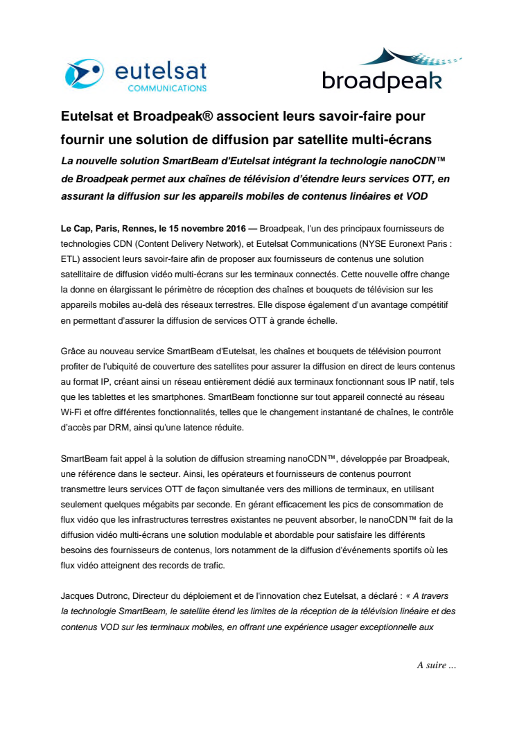 Eutelsat et Broadpeak® associent leurs savoir-faire pour fournir une solution de diffusion par satellite multi-écrans 