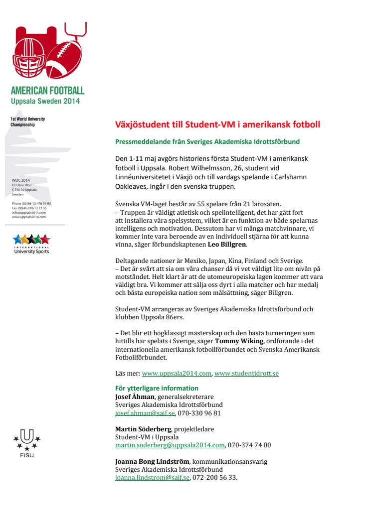 Växjöstudent till Student-VM i amerikansk fotboll