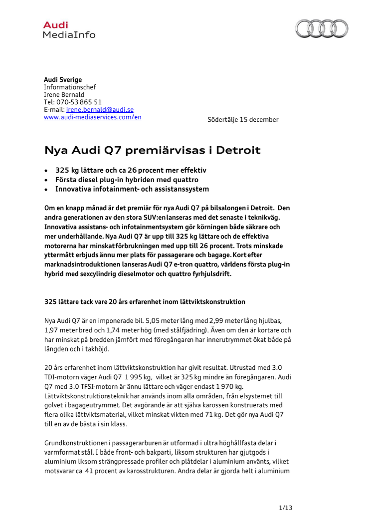Nya Audi Q7 premiärvisas i Detroit