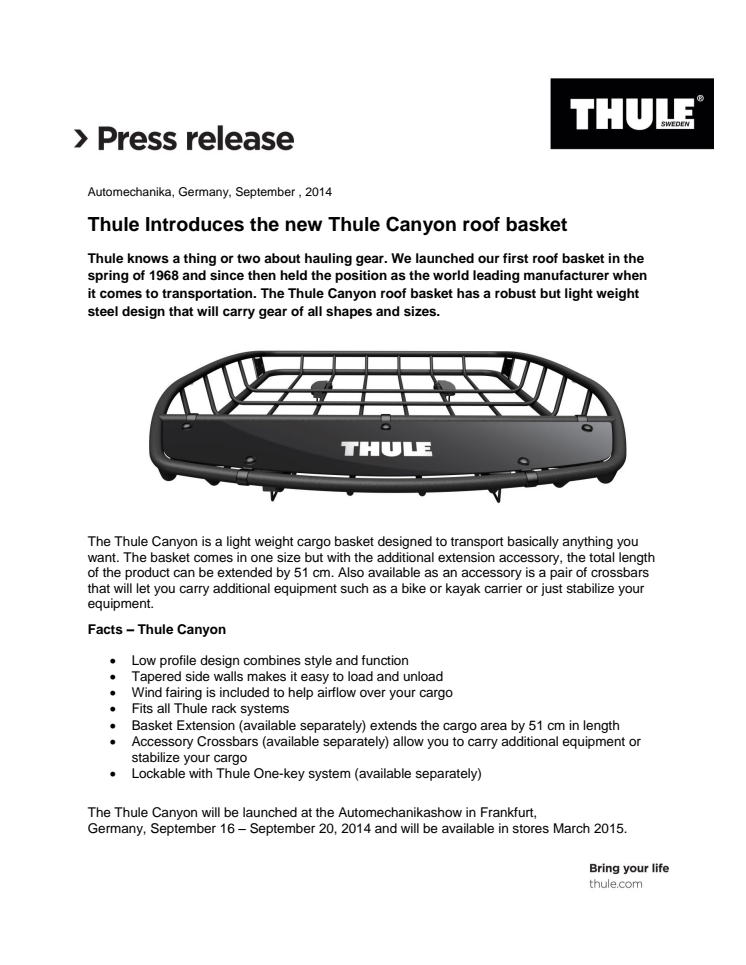 Thule Introduces the new Thule Canyon roof basket