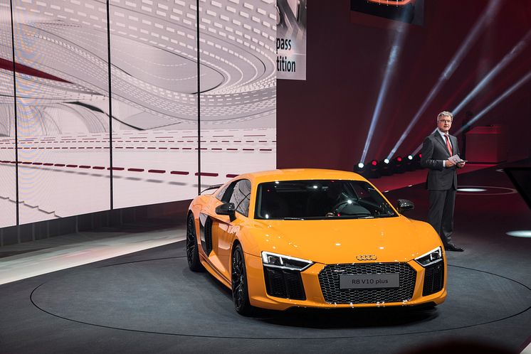 Prof. Rupert Stadler (Chairman of the Board of Management of AUDI AG); next to the new Audi R8 V10 plus on the 2015 Geneva Volkswagen Group Night