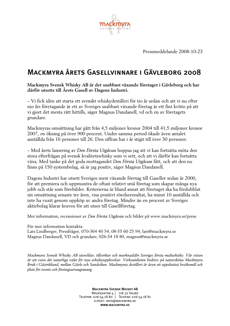 Mackmyra årets Gasellvinnare i Gävleborg 2008