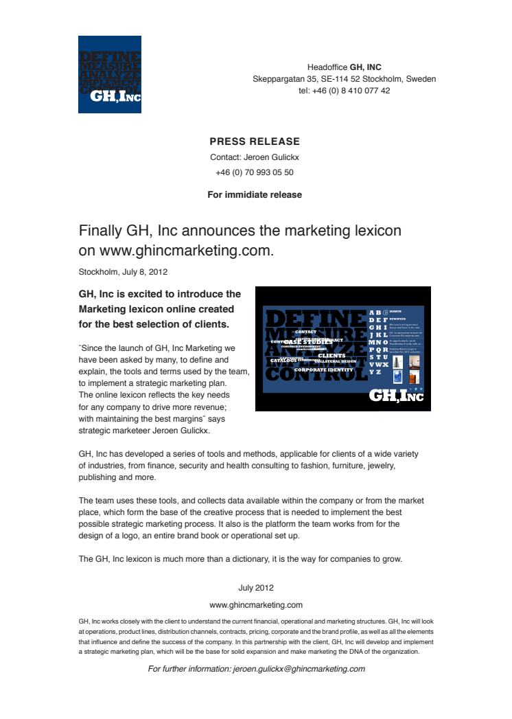 Finally GH, Inc announces the marketing lexicon on www.ghincmarketing.com.