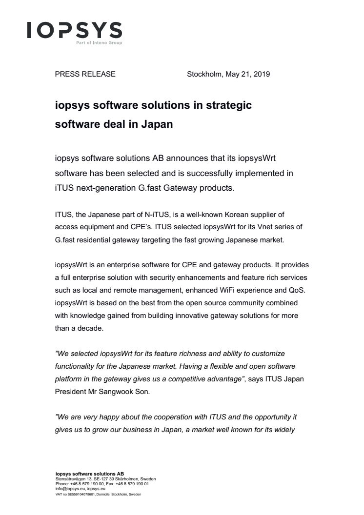 iopsys software solutions in strategic software deal in Japan