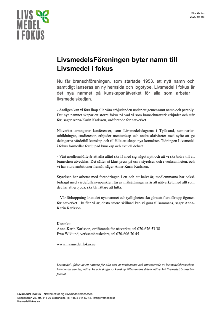 LivsmedelsFöreningen byter namn till Livsmedel i fokus