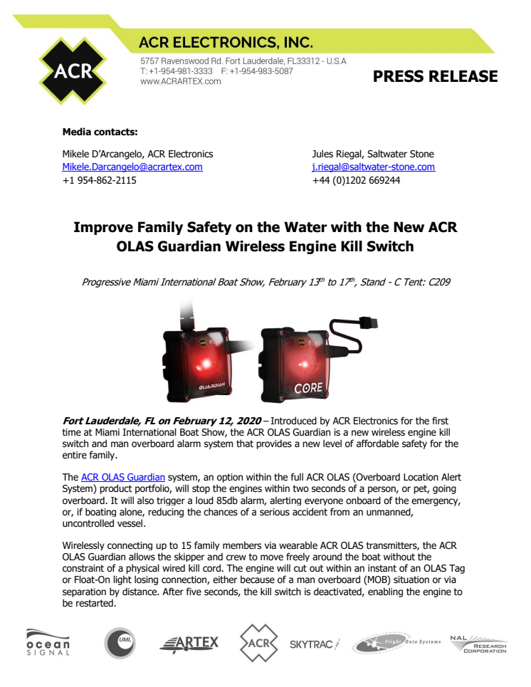 Miami International Boat Show: Improve Family Safety on the Water with the New ACR OLAS Guardian Wireless Engine Kill Switch